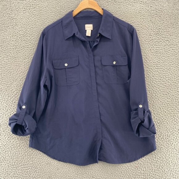 Chicos Shirt Womens 2 US Large Navy Long Roll Tab Sleeve Button Pockets Collar - Picture 2 of 13